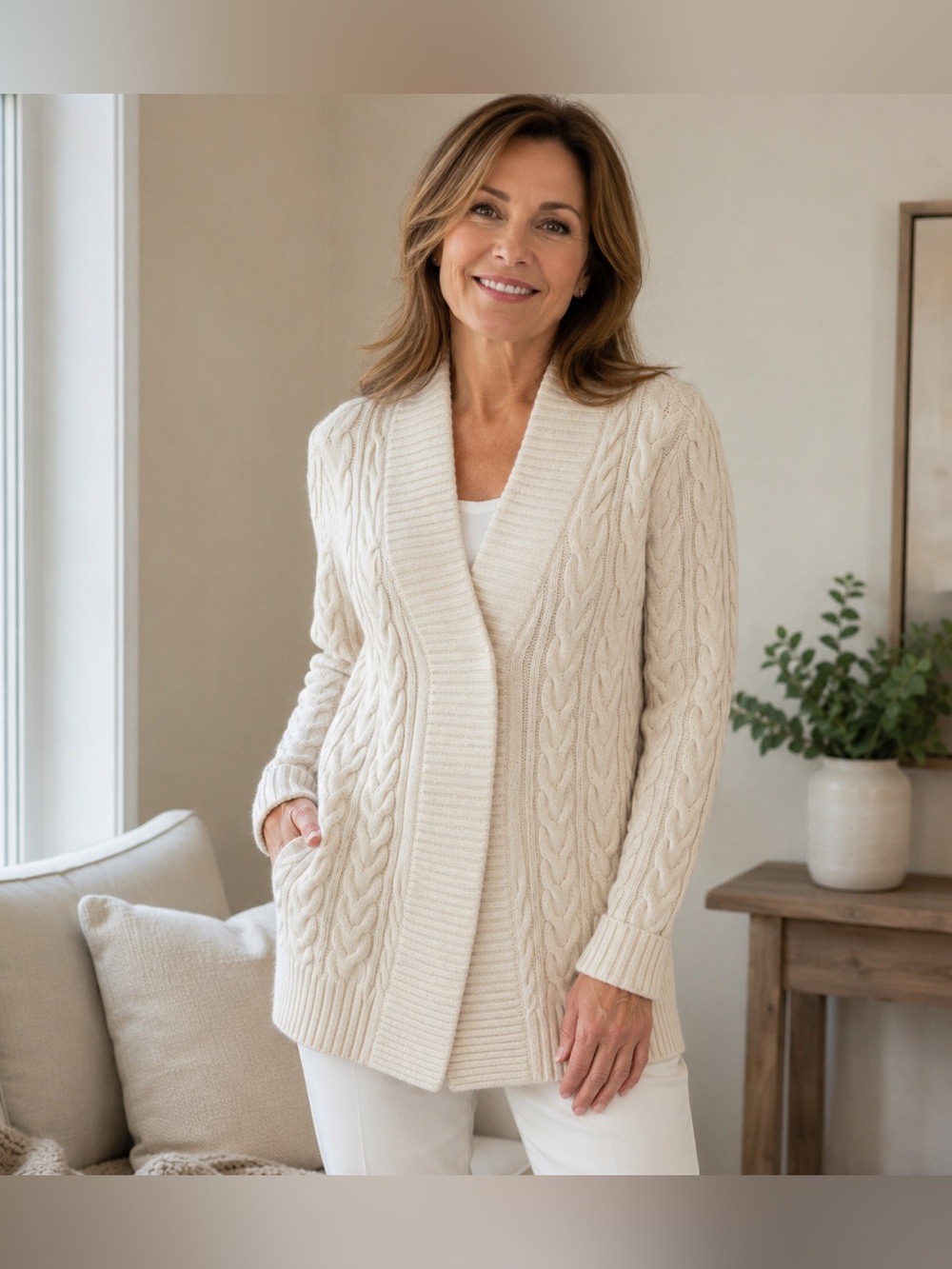 𝅺ANN TAYLOR Ivory Open Front Cable Knit Alpaca Wool Blend Cardigan Size M